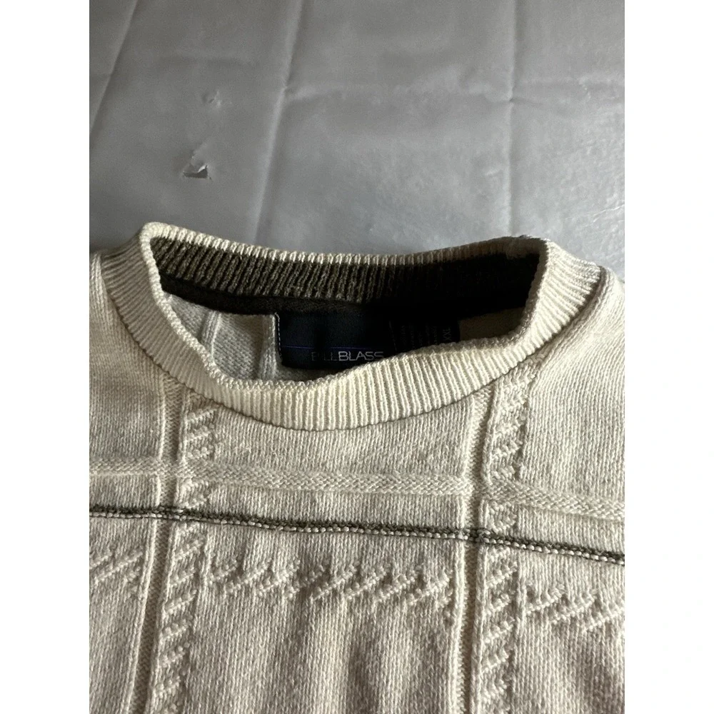 Bill Blass long sleeve cream gray black striped crewneck knit‎ sweater men's XXL